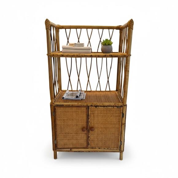 Mid 20th Century Vintage 30” Tall Bamboo Rattan Shelves Bookcase Cabinet Etagere - Picture 1 of 16
